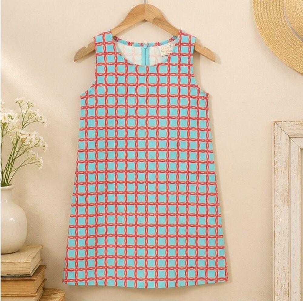 Haley And The Hound Girls Green Pink Geometric Preppy Shift Dress Size 8